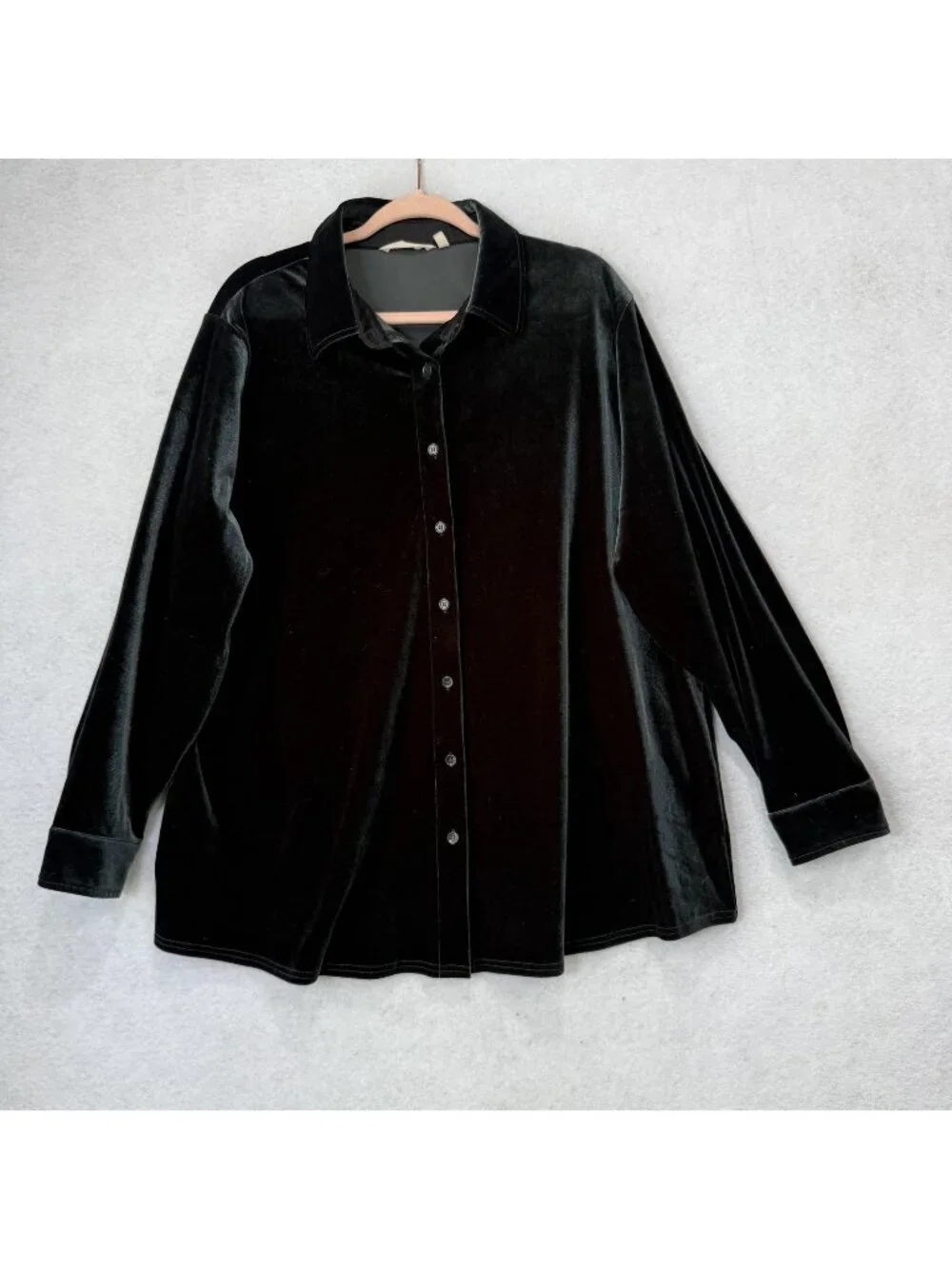 Soft Surroundings Shirt Womens 1X Green Velvet Button Front Long Sleeve Top